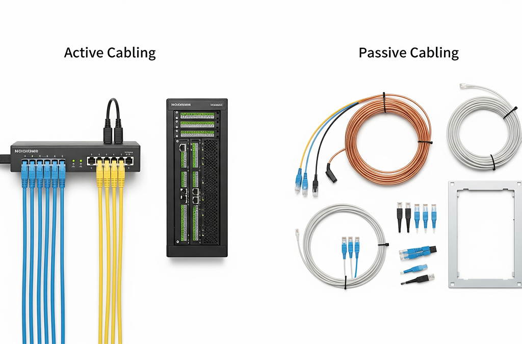 Neatly organized network server room with active switches and patch panels.